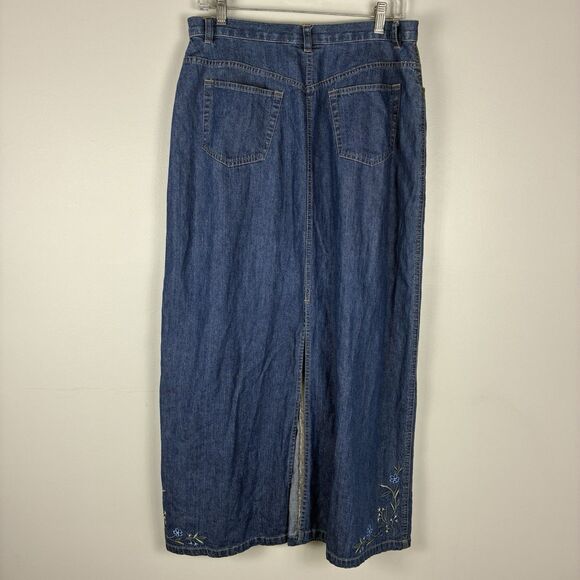 Vintage Denim Maxi Skirt Sz 14 L Embroidered Florals Modest Prairie Liz Claiborn - Picture 6 of 9
